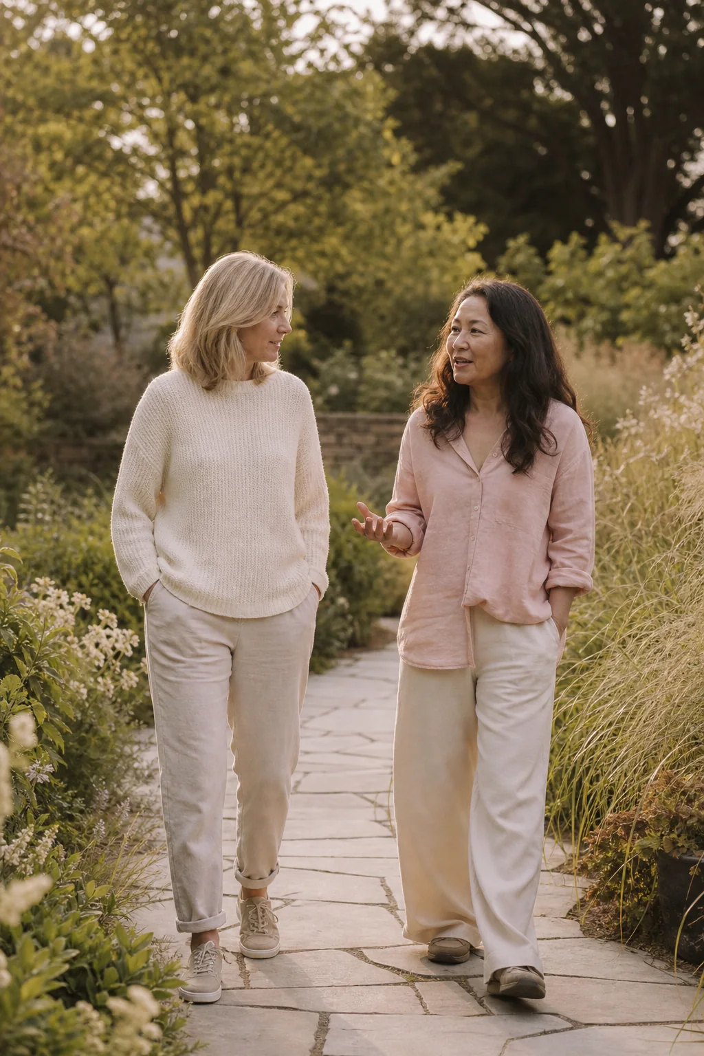 Two women sharing a relaxed conversation while walking through a garden